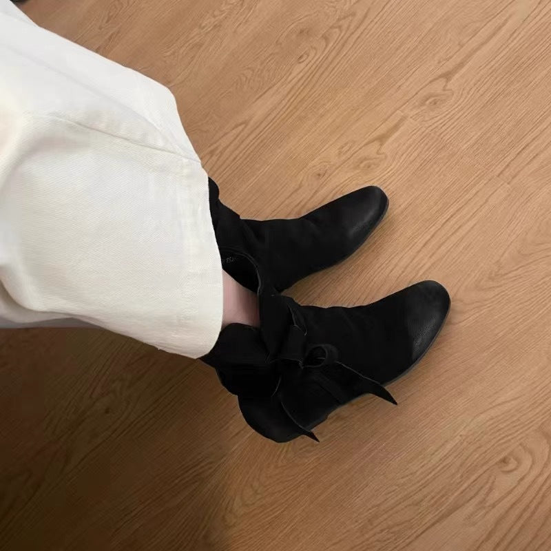 Minority Design Bow Strip Winding Booties Women's Leather Boots