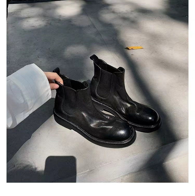 Women's Cowhide Washed Horse Pleated Chunky Platform Smoke Pipe Stretch Chelsea Heels