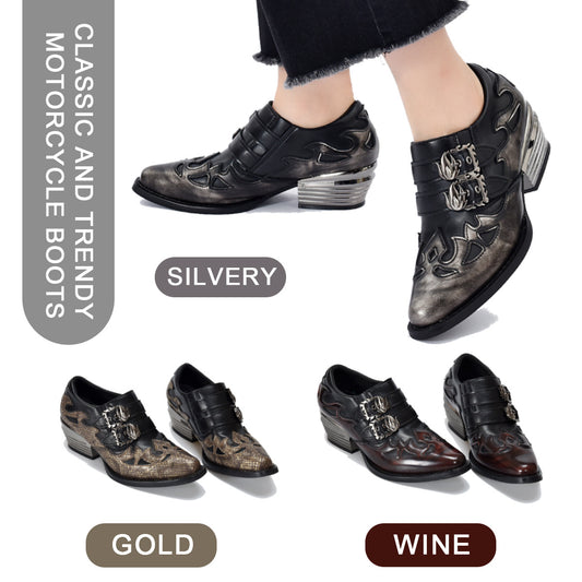 Women's & Men's Size Mid Chelsea Retro Rub Colored Animal Pattern Belt Buckle Heels
