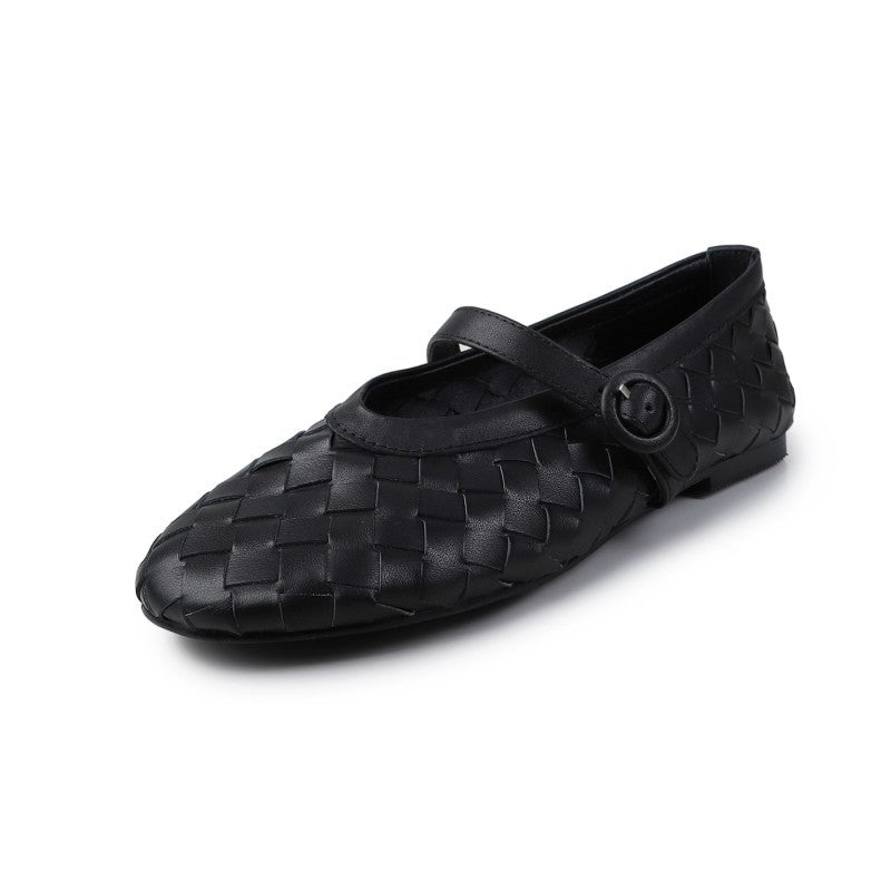 Head French Style Vintage Weave Strap Mary Jane Flat Women's Fashion Shoes