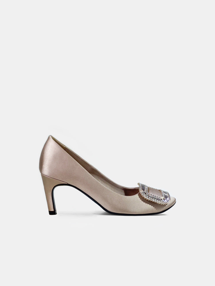 Women's Rhinestone Square Buckle Round Toe Satin Shallow Women's Fashion Shoes