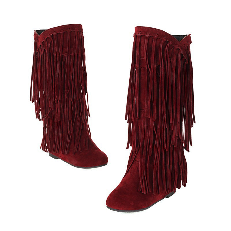 Women's Large Size Tassel Preppy Style Flat Women's Leather Boots