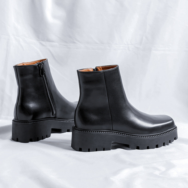 Niche Square Toe Chunky Platform Side Zipper Chelsea Boots