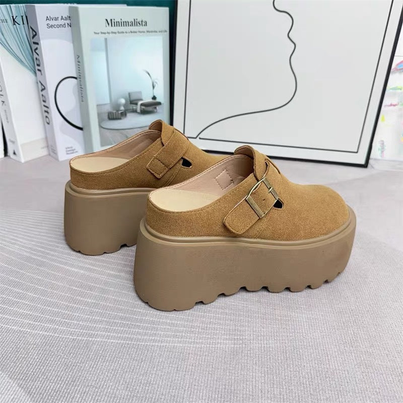 Women's Increasing Insole Closed Toe Half Fleece-lined Platform Slip-on Thick-soles Slippers