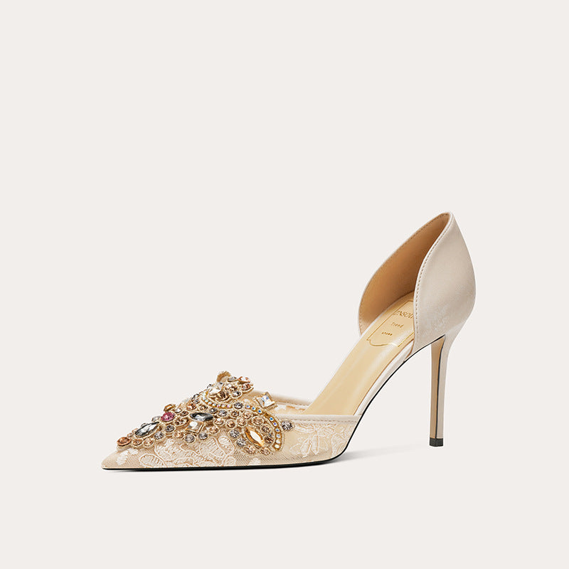 Women's Sheepskin Hollow Wedding Bride Main Yarn Pointed Toe Women's Shoes