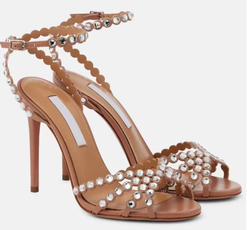 Metal Round Toe Stiletto Rhinestone Strap Buckle Open Large High Heeled Sandals