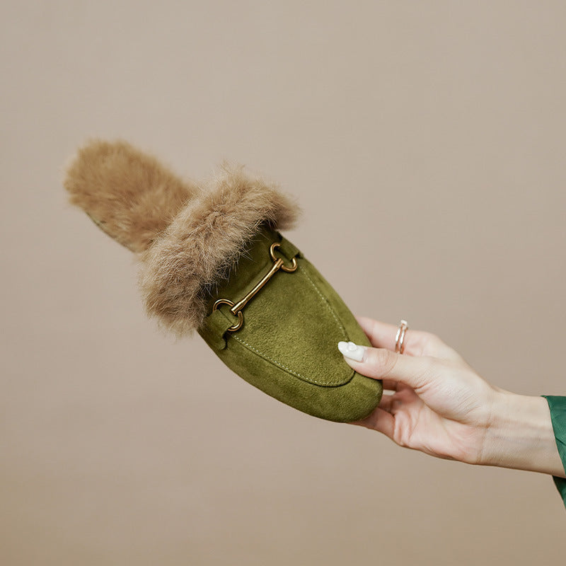 Women's Fluffy Sheep Split Rabbit Fur Winter Outer Wear Closed Toe Flat Slippers