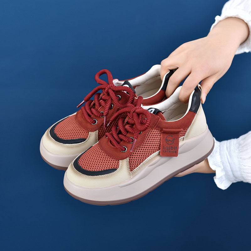 Women's First Layer Calf Retro Platform Color Matching Casual Shoes