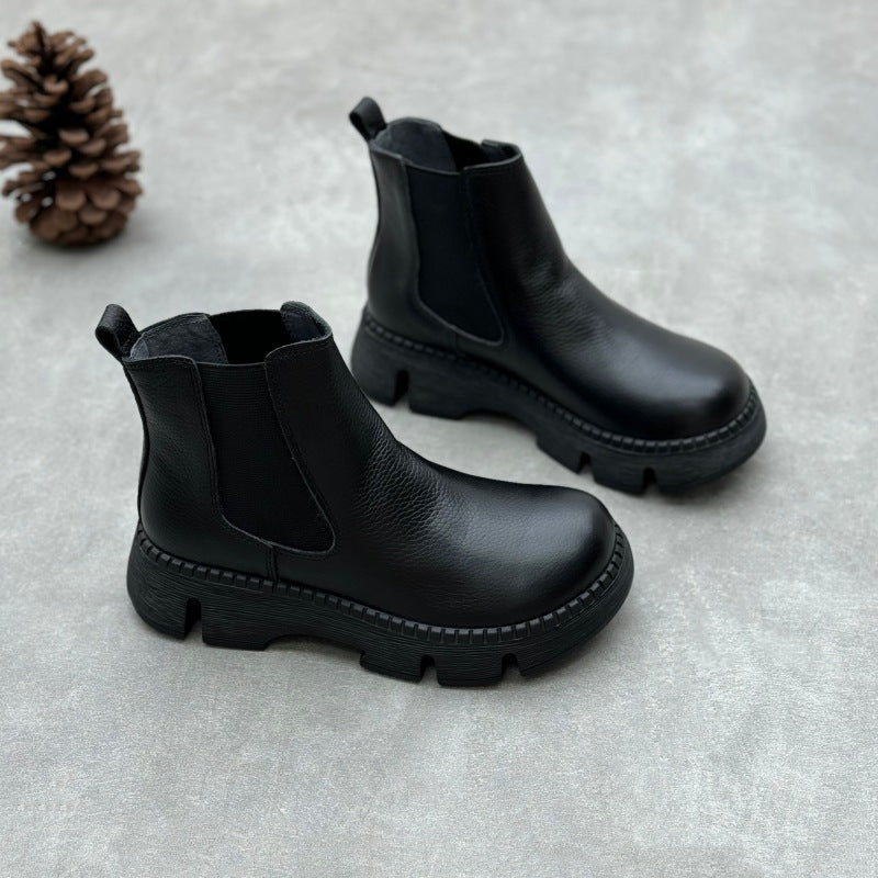 Women's Short Round Toe Muffin Bottom Slip-on Cowhide Women's Leather Boots