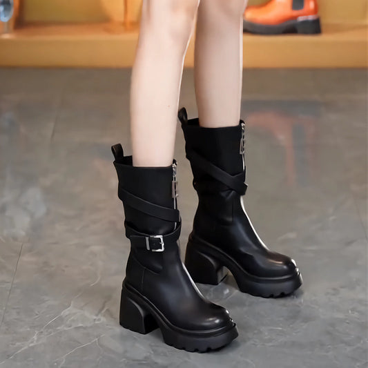 Women's Short Chunky Martin High Fleece-lined Belt Boots