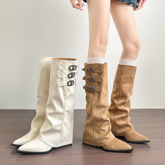 Women's Sheepskin Version Height Increasing Pantyhose Skinny Retro Below The Knee Women's Leather Boots