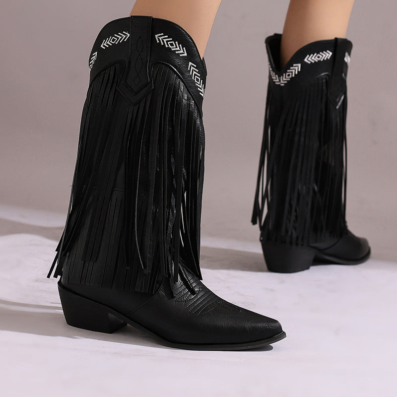 Women's Mid Pointed Western Tassel Embroidery Women's Leather Boots