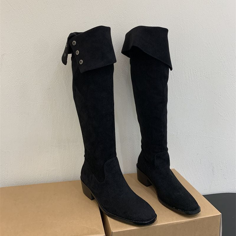 Style Large Tube Circumference Thick Below The Knee Rivet Soft Women's Leather Boots
