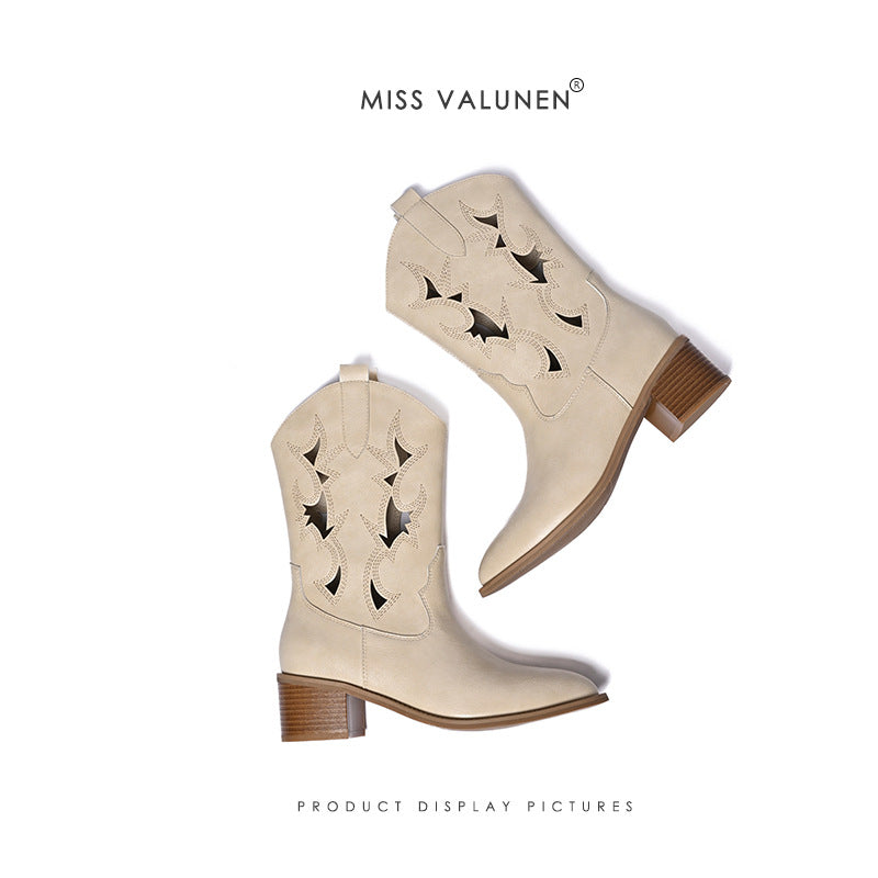Women's Miss Warren Cowboy Pointed Toe Chunky Fashion Hollow Women's Leather Boots