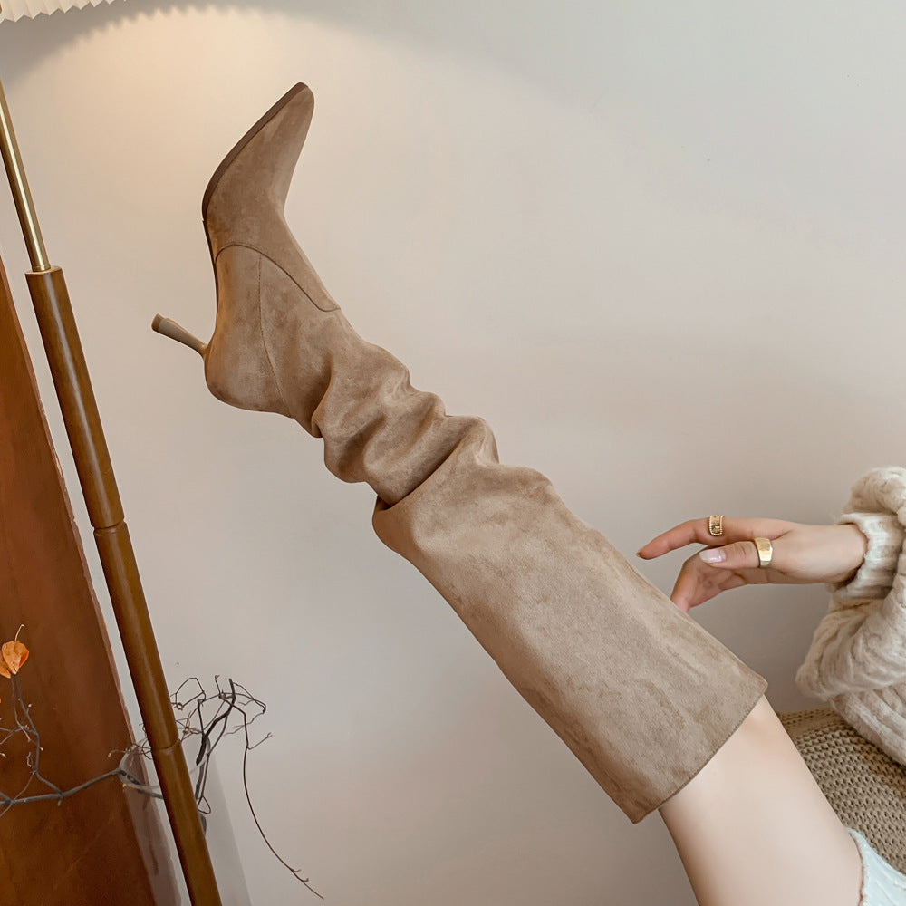 Women's Pointed Toe Long Pile Style Khaki Brown Big Boots