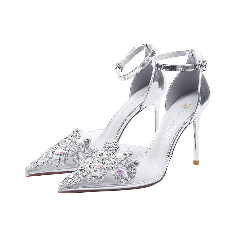 Women's Sexy Rhinestones Dress High Summer Pointed Toe Buckle Women's Shoes