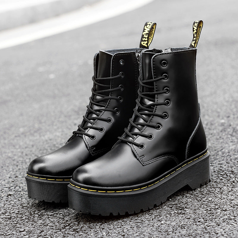 Women's Platform Martin Side Zipper Cattlehide Middle Women's Fashion Shoes