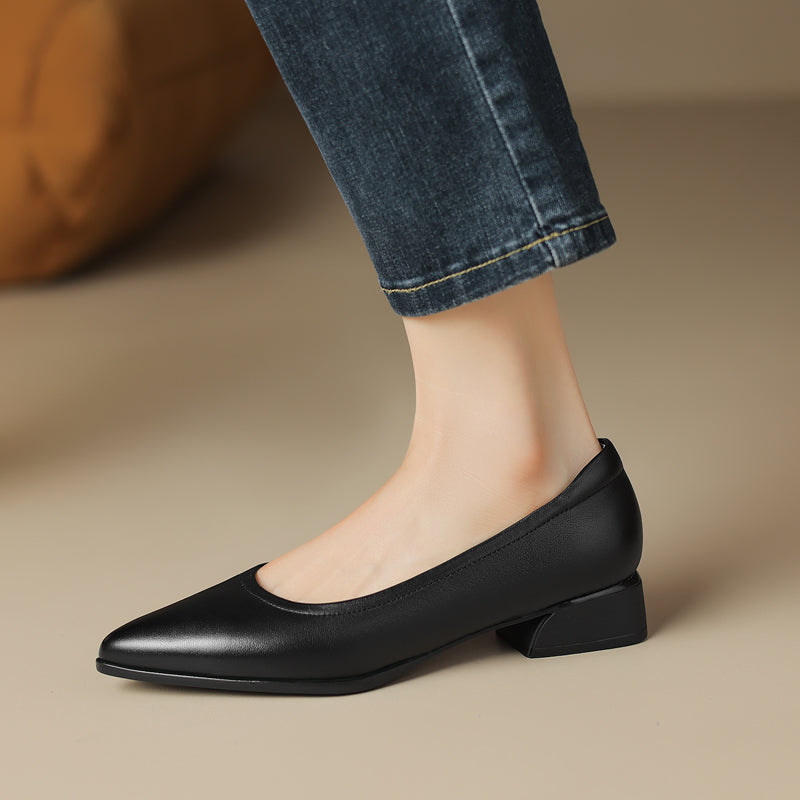 Women's Pointed Toe Chunky Cm Comfortable First Layer Cowhide Professional Mute Heels