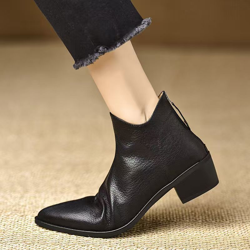 Women's French Sheepskin Pointed Ankle Chunky Mid Rear Zipper Boots