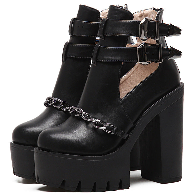 Women's Chain Hollow Booties Belt Buckle Chunky High Women's Leather Boots