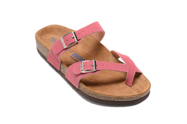 Women's & Men's Single Buckle Soft Bottom Cork Toe Ring Flat Slippers