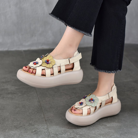 Women's First Layer Cowhide Open Toe Flower Roman Summer Thick Bottom Platform Sandals