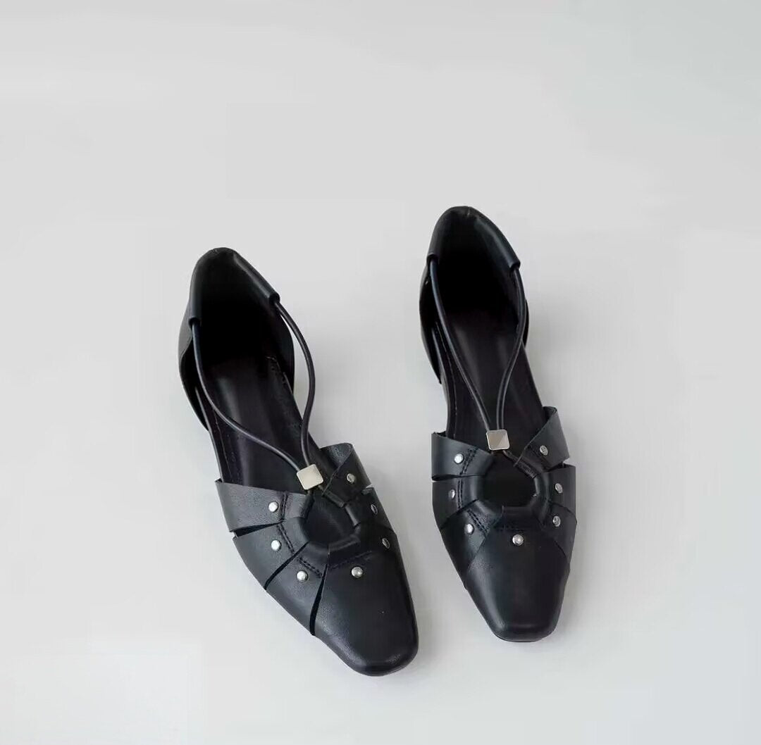 Women's French Square Toe Invisible Elevated Closed Rivet Flat Sandals