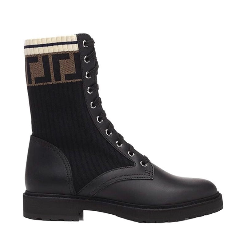 Women's Round Head Chunky Letters Lace Up Elastic Women's Leather Boots