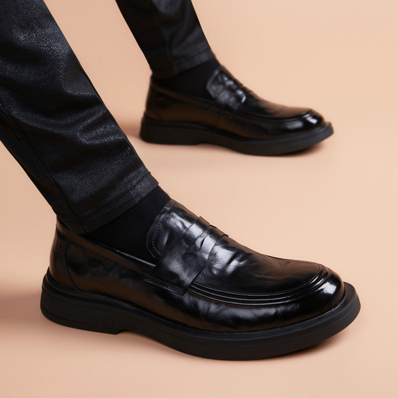 Men's Wedding Interview Round Head Thick Bottom British Men's Business Leather Shoes