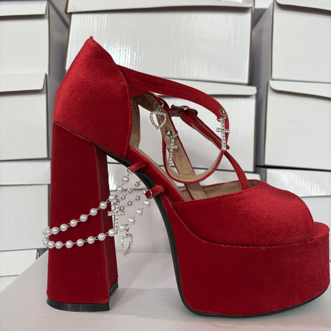 Women's Sexy Veet Dark Pearl Large Size Platform High Heeled Sandals