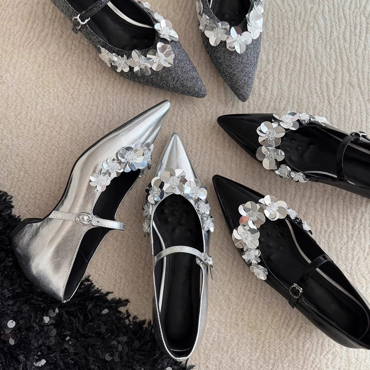 Women's Thick Bottom Flower Sequins With Mary Jane Temperament Height Increasing Women's Fashion Shoes