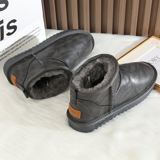 Men's Winter Fleece-lined Warm Waterproof Glossy Flat Snow Boots