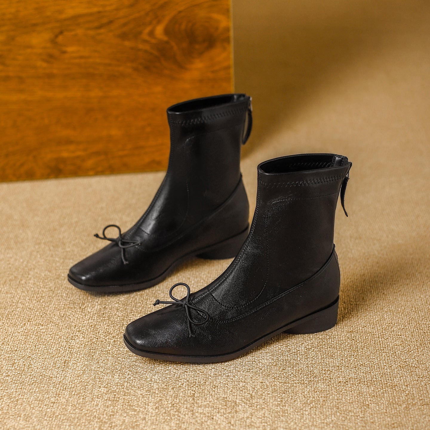 Women's Square Toe Booties Back Zip Soft Stretch Thin Women's Leather Boots