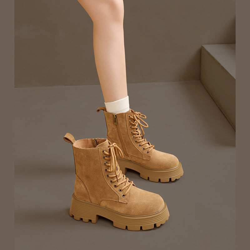 Thick Bottom Female Fleece-lined British Style Retro Round Women's Leather Boots