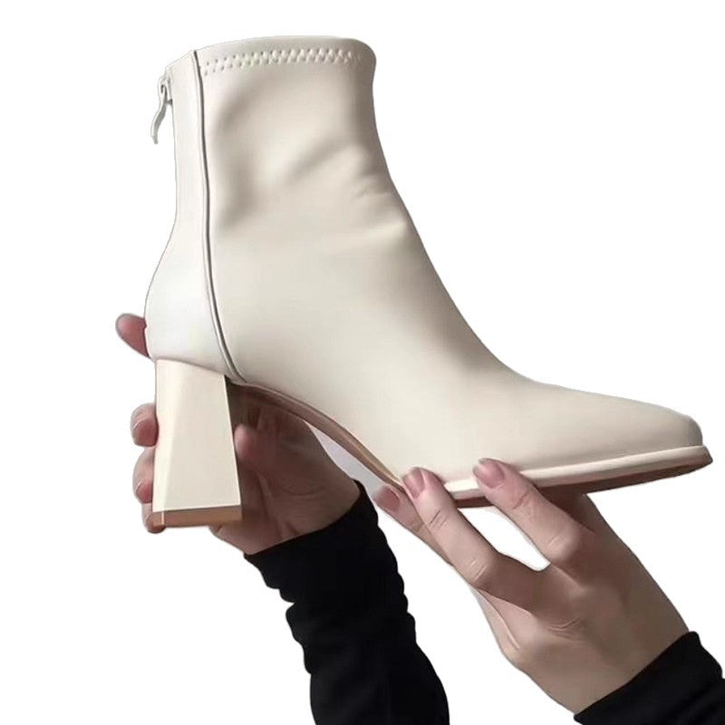 Women's Beige French Style Temperament Gas Field High Women's Leather Boots