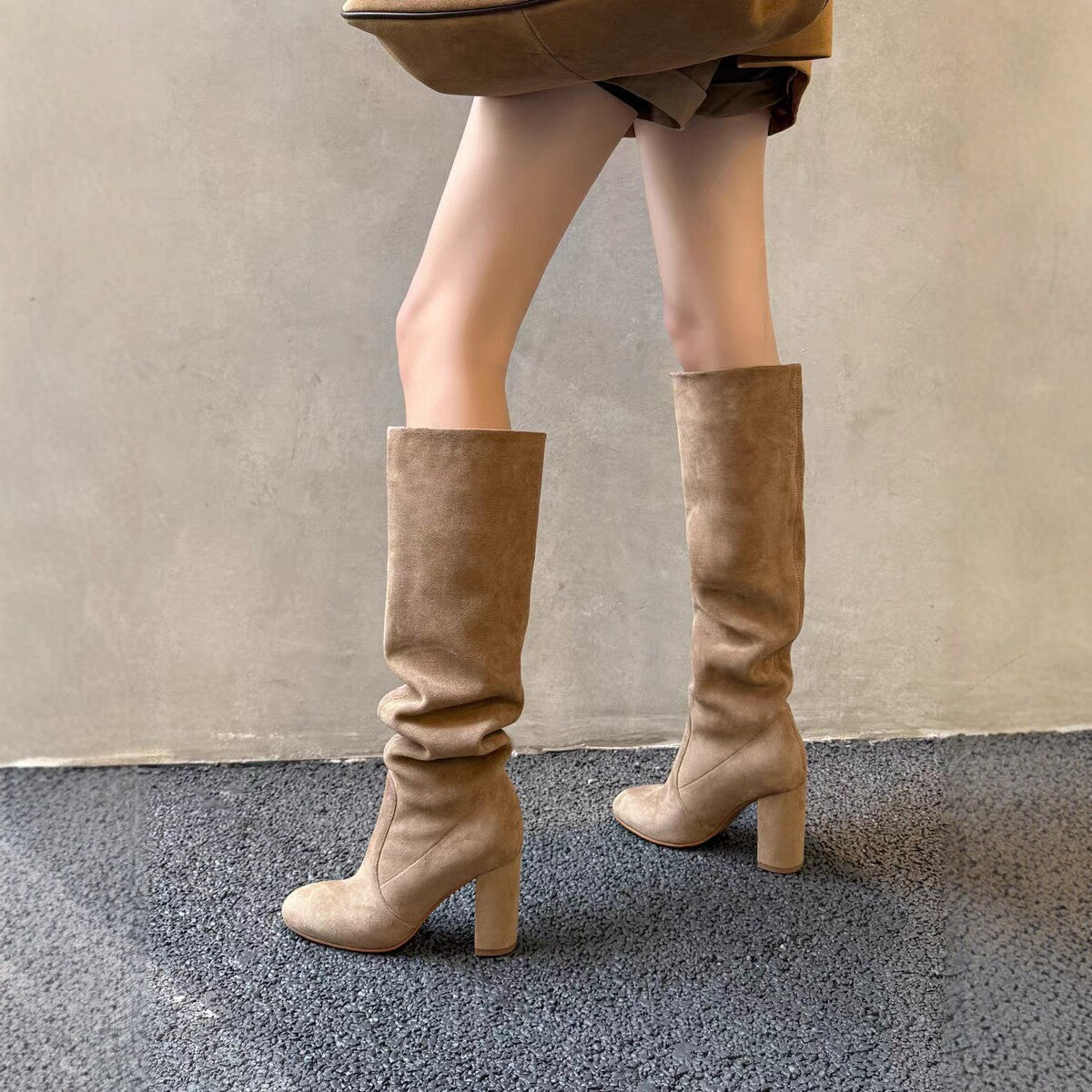 Women's Grape Mom Round Head Chunky Western Cowboy Two-way Wear Women's Leather Boots