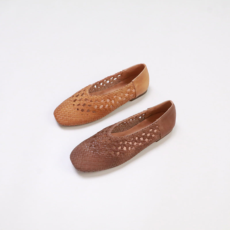 Women's Handmade Braided Square Toe Hollow Flat Women's Casual Shoes