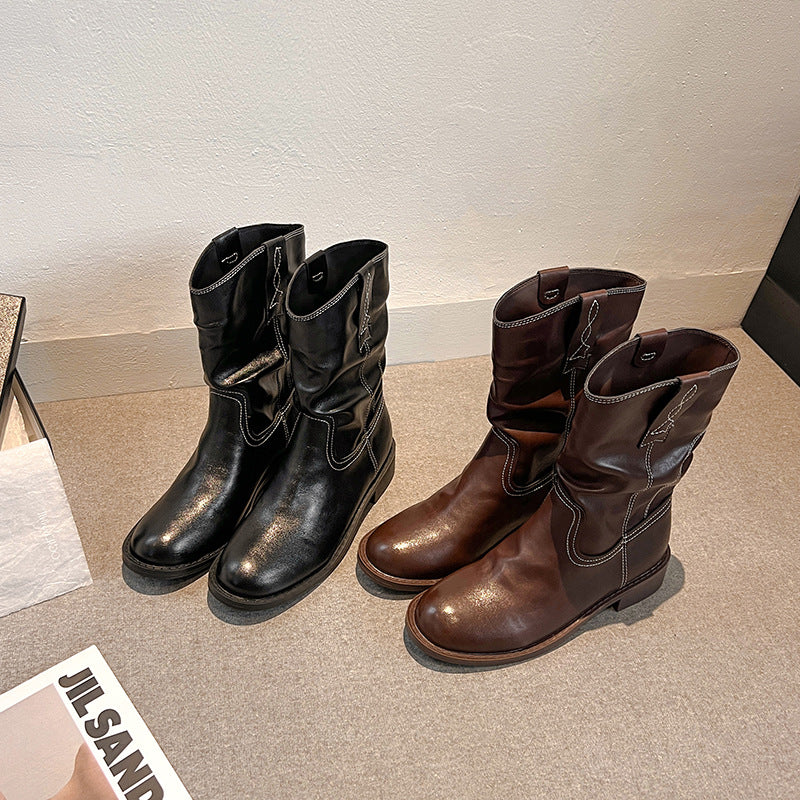 Women's Retro Style Thick Western Cowboy High Women's Leather Boots