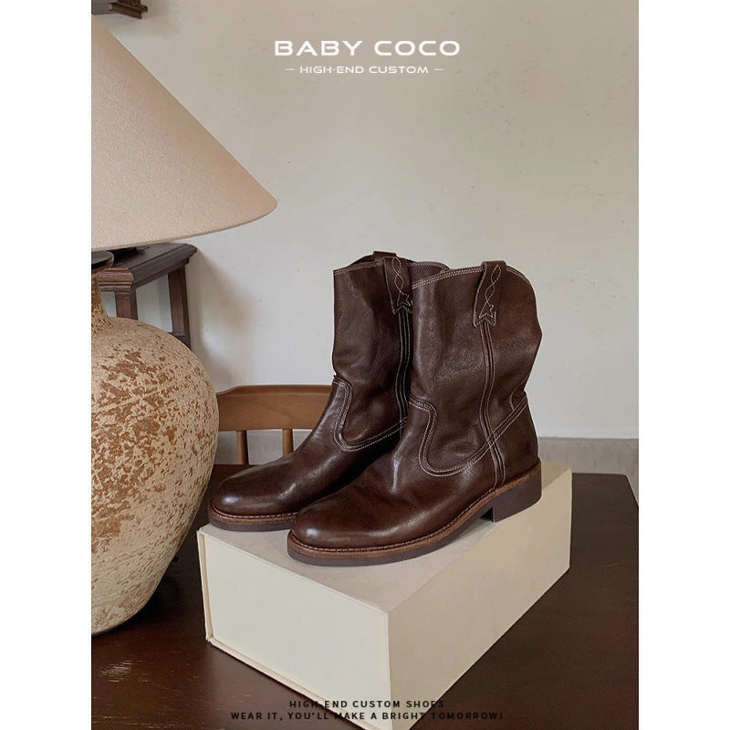 Mouth Western Cowboy Female Skinny Thick Middle Desert Women's Leather Boots