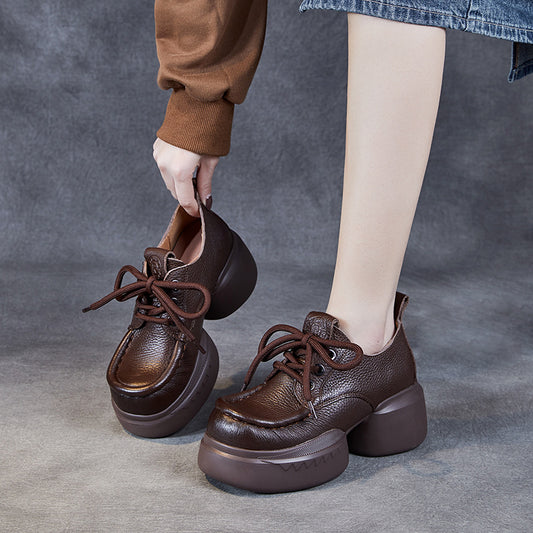 Women's Cowhide Platform Lace Up Round Toe Artistic Casual Shoes