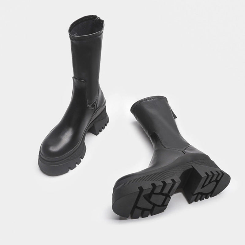 Women's Style Round Toe Martin Mid Chunky Boots