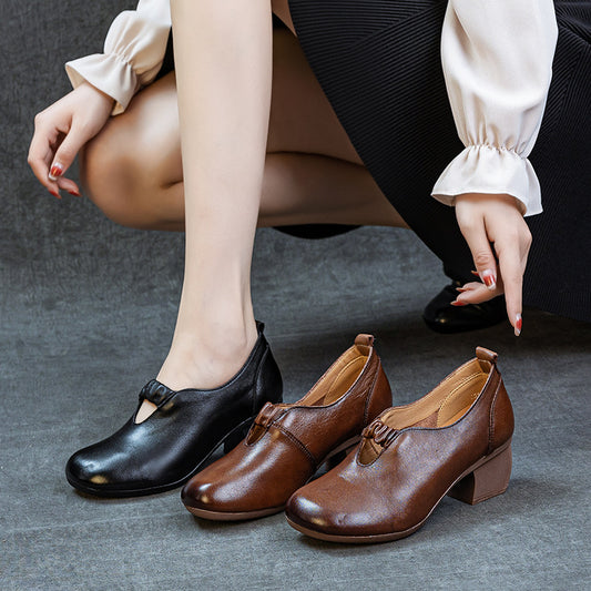 Women's Autumn Genuine Thin Retro Handmade Chunky Women's Fashion Shoes