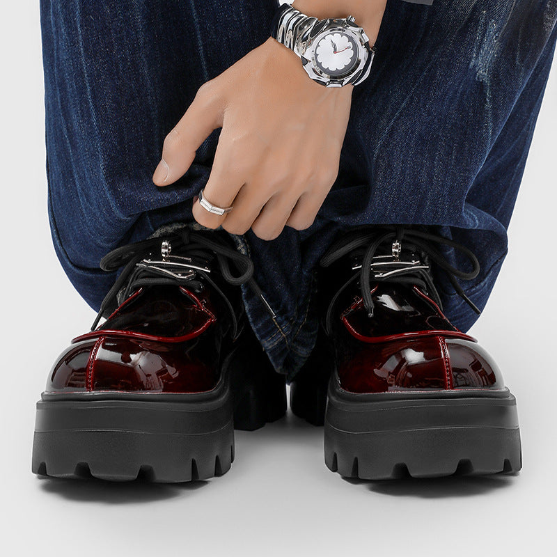 Men's Thick Bottom Height Increasing Small Derby Glossy Big Head Men's Casual Leather Shoes