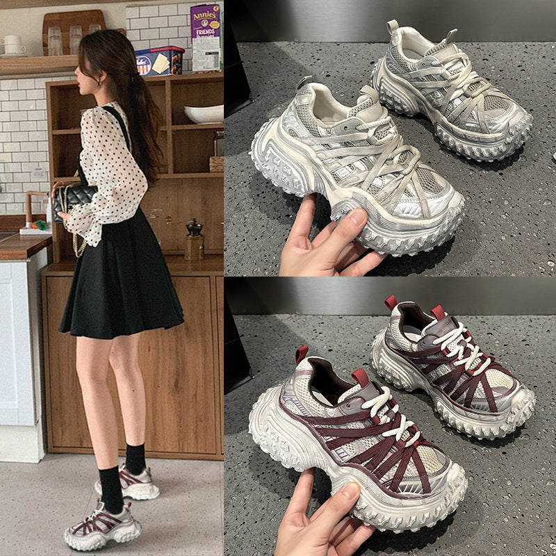 Women's Distressed Red Dad Spring Thick Sole Height Women's Sports Shoes