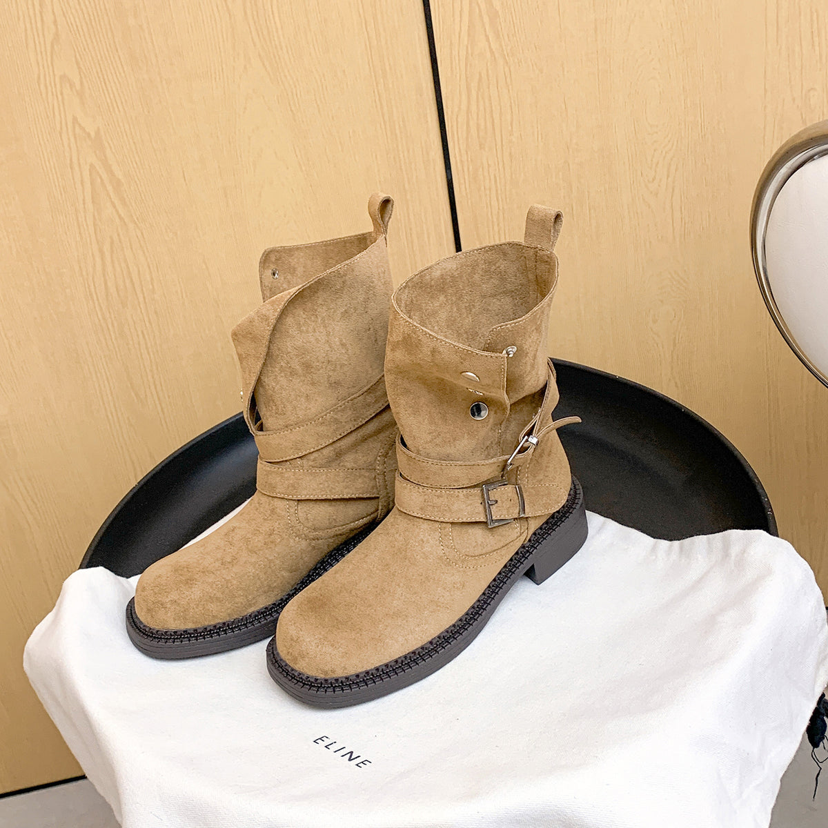 Chunky Platform Buckle Cow Suede High-heeled With Short Tube Female Women's Leather Boots