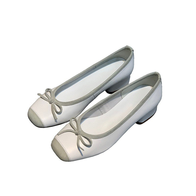 Women's Shallow Mouth Mid Round Head Genuine Bow Women's Shoes