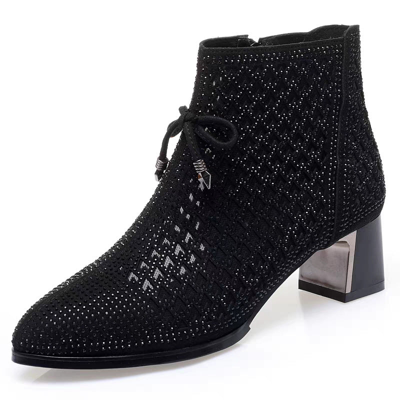 Women's Rhinestone Summer Mid Ankle Chunky Breathable Boots