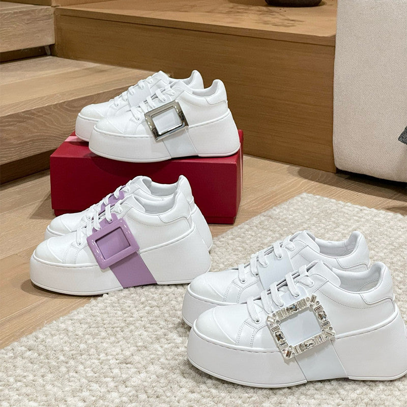 Women's Thick-soled High-rise Square Buckle Diamond White Genuine Platform Women's Casual Shoes
