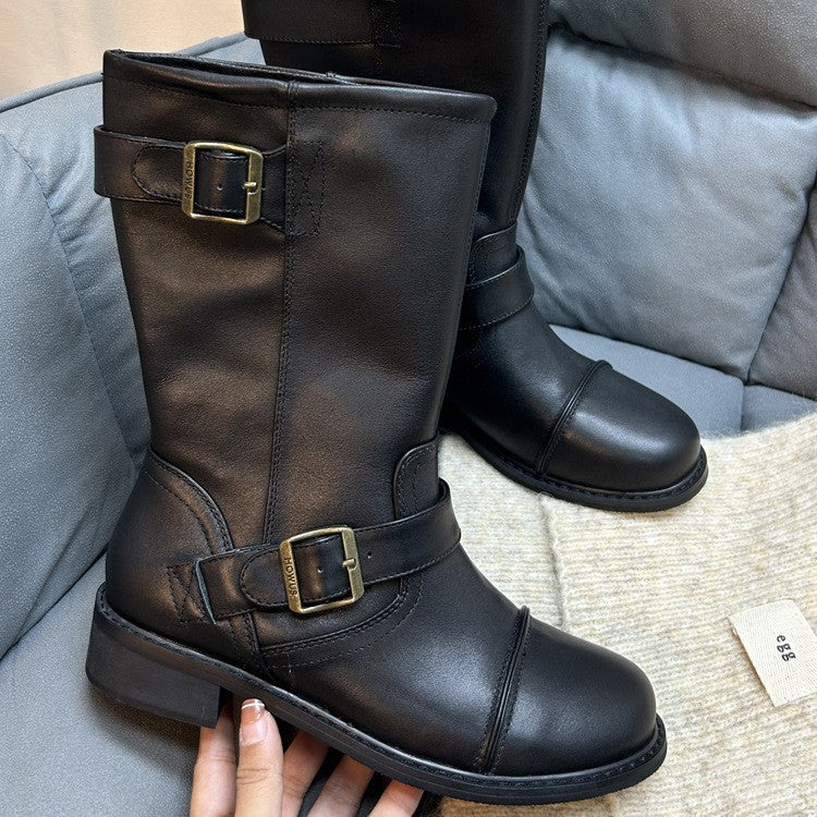 Cowhide Martin Autumn Retro Minority Thick Low Middle Western Women's Leather Boots