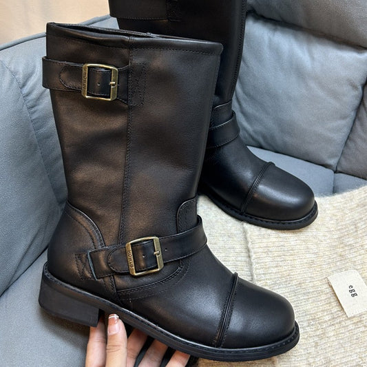 Cowhide Martin Autumn Retro Minority Thick Low Middle Western Women's Leather Boots